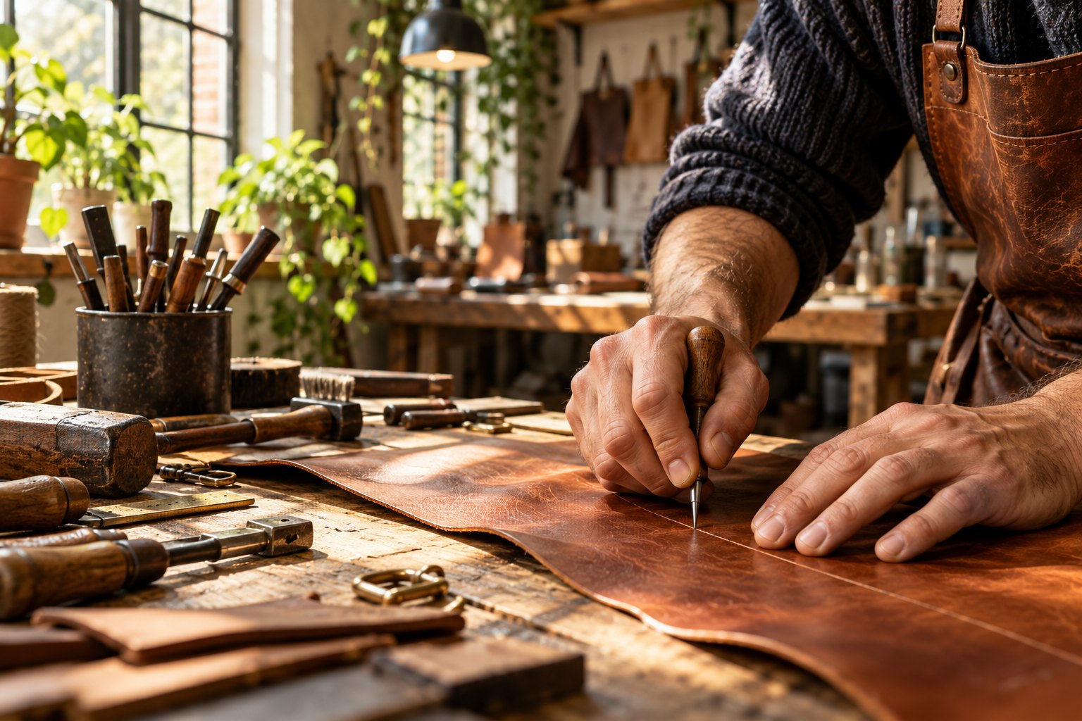 Manos de un artesano trabajando la piel en su taller